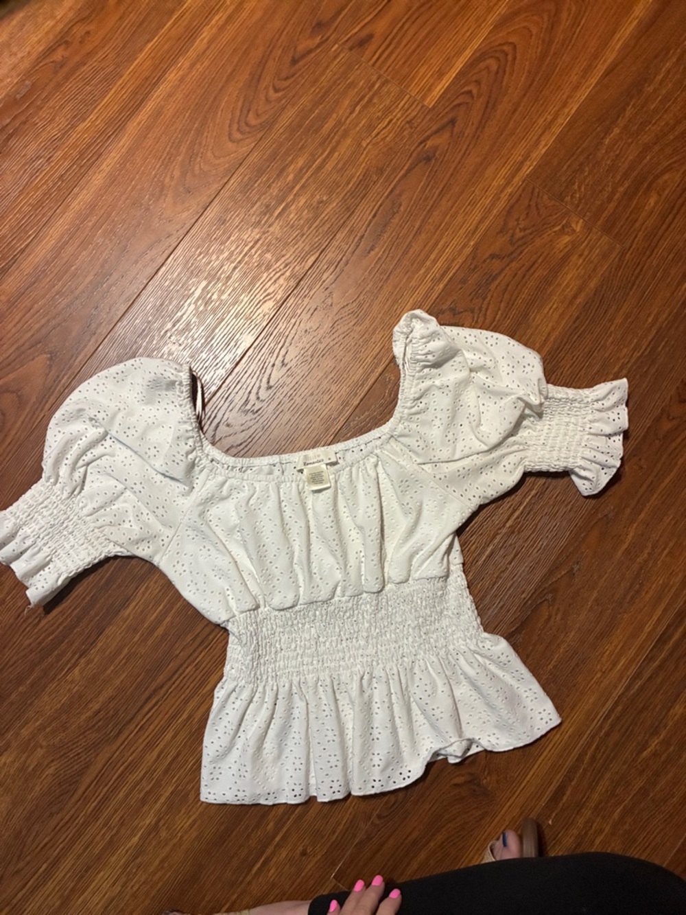 URBAN Romantics White Eyelet Puff Sleeve Smocked Peplum Top